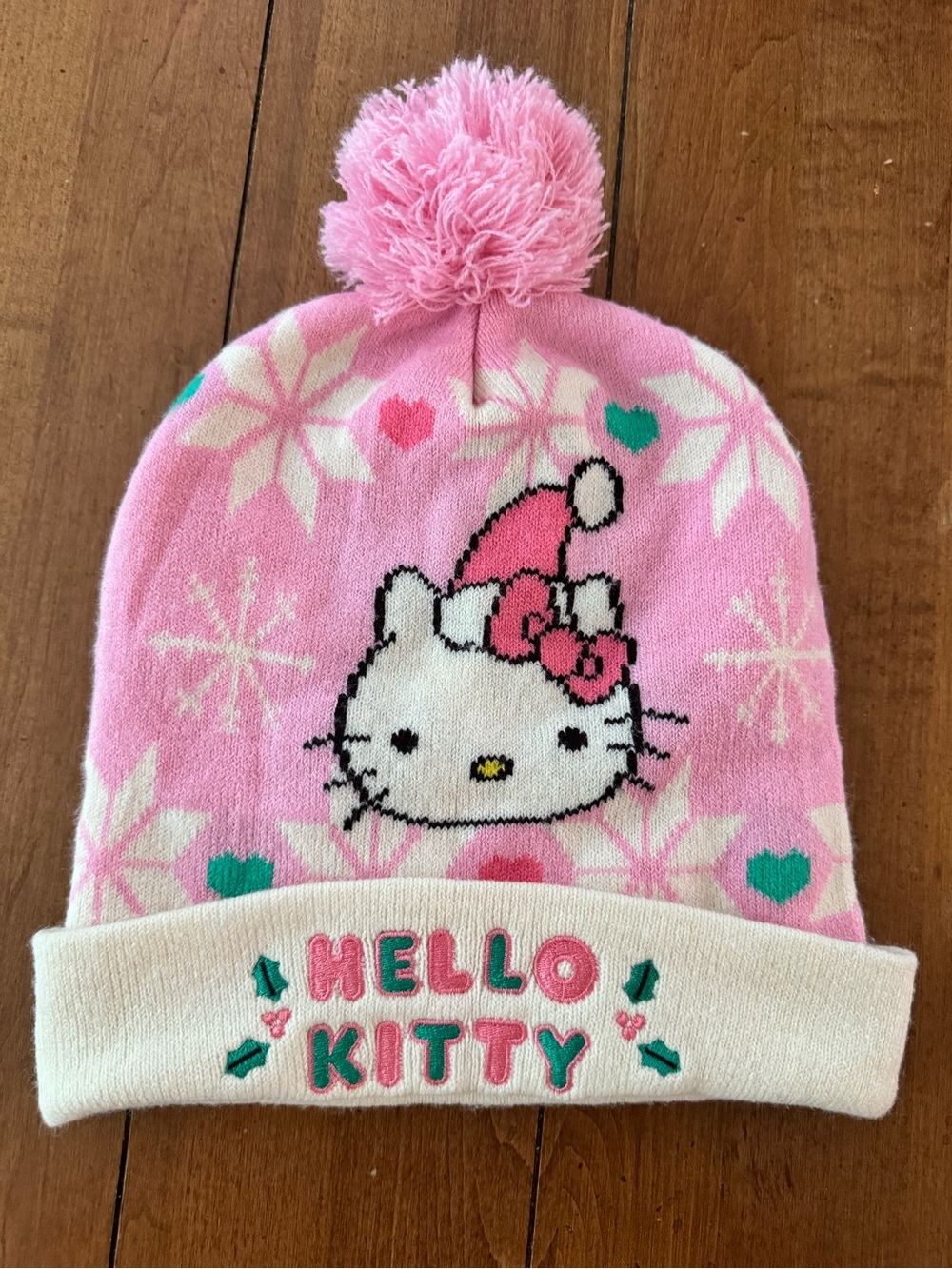 Sanrio Girls Hello Kitty Festive Warm Holiday Beanie Hat with Pom Pom in Pink